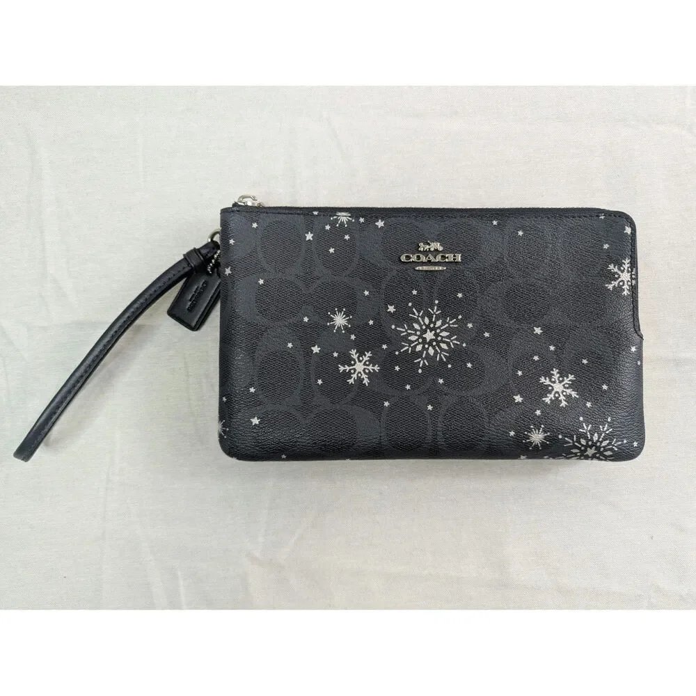 Coach Navy Silver Snowflake Corner Double Zip Wristlet (Missing Zipper Pull)